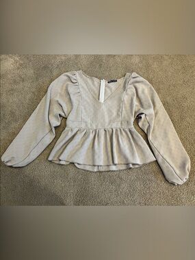 SHEIN Beige Peplum V-Neck Long Sleeve Blouse